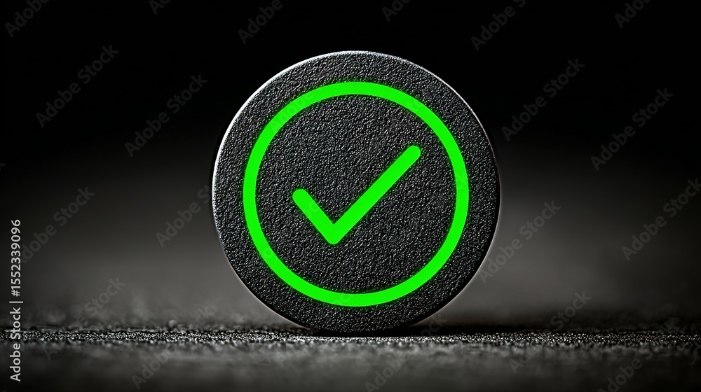 Aufkleber dark circular button with a glowing green check mark.