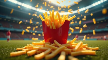 Exciting soccer match snack time stadium field food photography dynamic atmosphere audience perspective