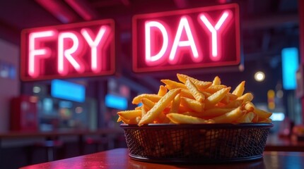 Fry day celebration urban diner food photography nighttime setting close-up view delicious french fries