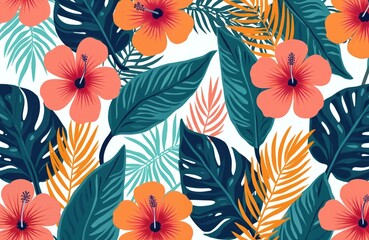 Seamless floral pattern design with hibiscus flowers, tropical leaves. Bright colours, summer theme. Perfect for wallpaper, textile, fabric, print, packaging, fashion, advertising, design,