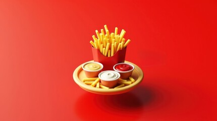 Delicious french fries with dipping sauces restaurant setting food photography vibrant red background