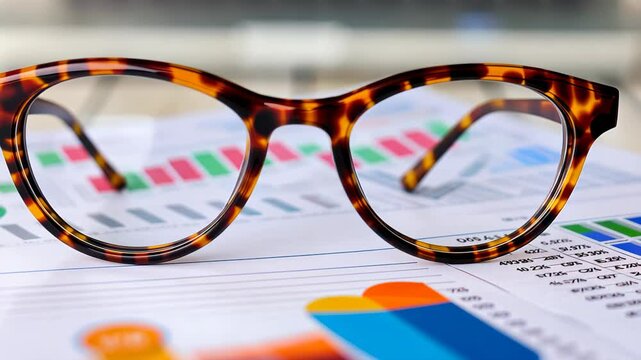 Eyes on the Data: Stylish tortoiseshell spectacles rest atop a detailed financial report, conveying concepts of analytical focus and clarity, with an emphasis on data-driven decision-making.
