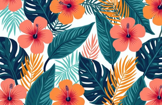 Fototapeta Seamless floral pattern design with hibiscus flowers, tropical leaves. Bright colours, summer theme. Perfect for wallpaper, textile, fabric, print, packaging, fashion, advertising, design,