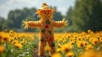 Scarecrow standing in blooming sunflower field rural farm photography daytime cheerful concept