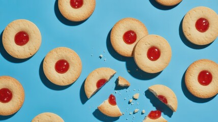 Cherry-filled sugar cookies on blue background: sweet delight with crumbs