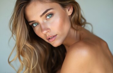 Attractive woman with naked shoulder. Female model shows natural beauty. Young lady with green eyes, blonde hair posing, looking to camera. Portrait, close up. Glamour, skincare, cosmetics. © miss irine