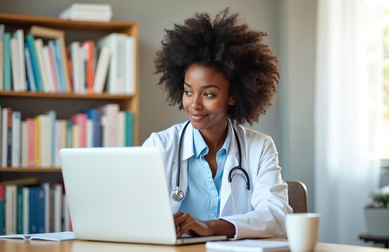 African American medical student works on laptop. Doctor with stethoscope studies, researches, consults online. Healthcare pro, GP in clinic hospital. Telemedicine, virtual consultation, remote work, - Powered by Adobe