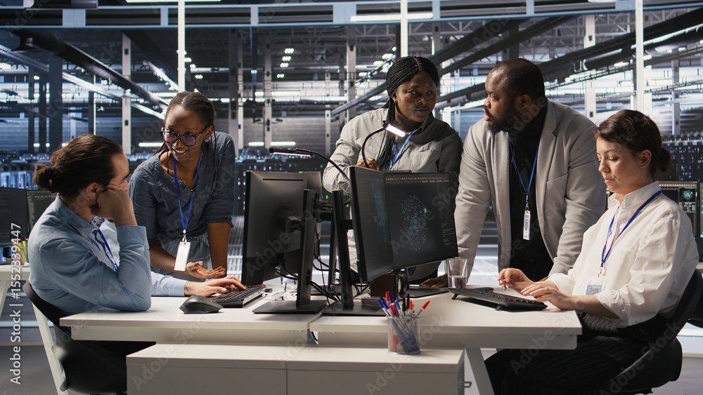 Poster engineering team in data center using ai automation during maintenance session. server hub coworkers
