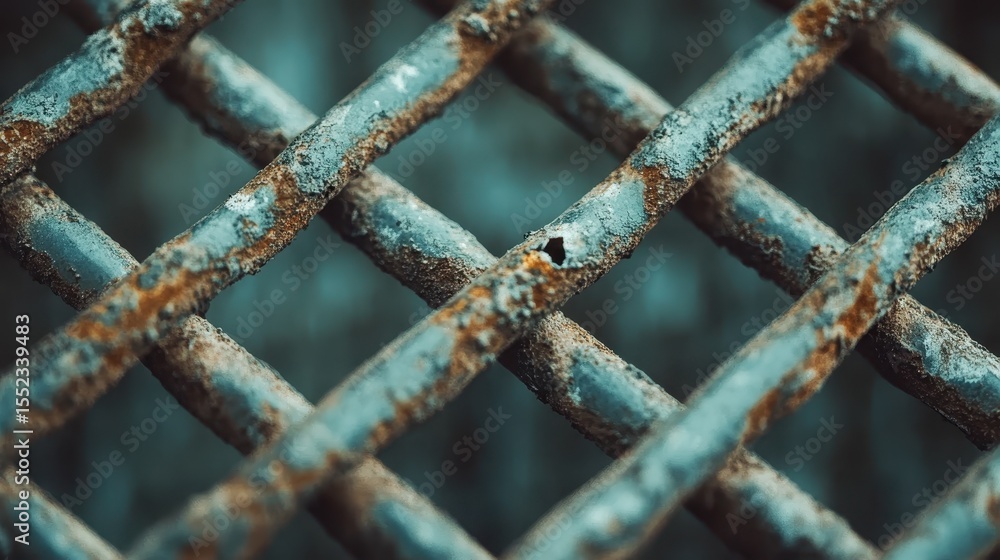 Poster this close-up image showcases a rusty metal grid, highlighting the intricate patterns created by the