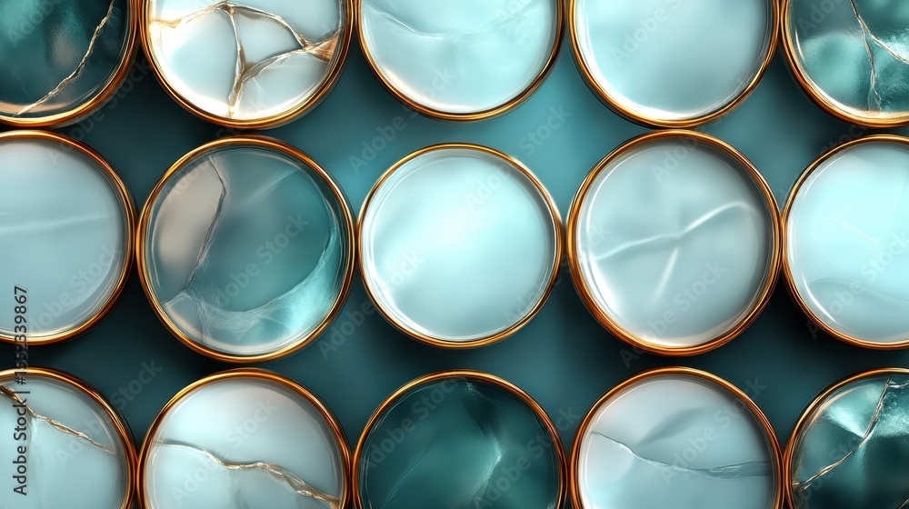 Poster an elegant arrangement of cracked glass circles set against a smooth backdrop, creating a visually s