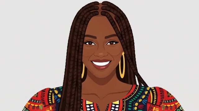 Illustration of a smiling woman with braids wearing a colorful patterned top