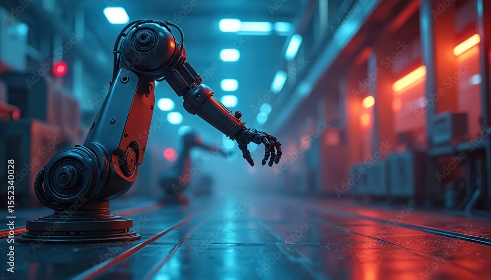Aufkleber Futuristic factory scene with robotic arm. Automation tech in industrial production. AI powered machinery, engine, robot, neon light, smart manufacturing. Modern high tech, industrial revolution