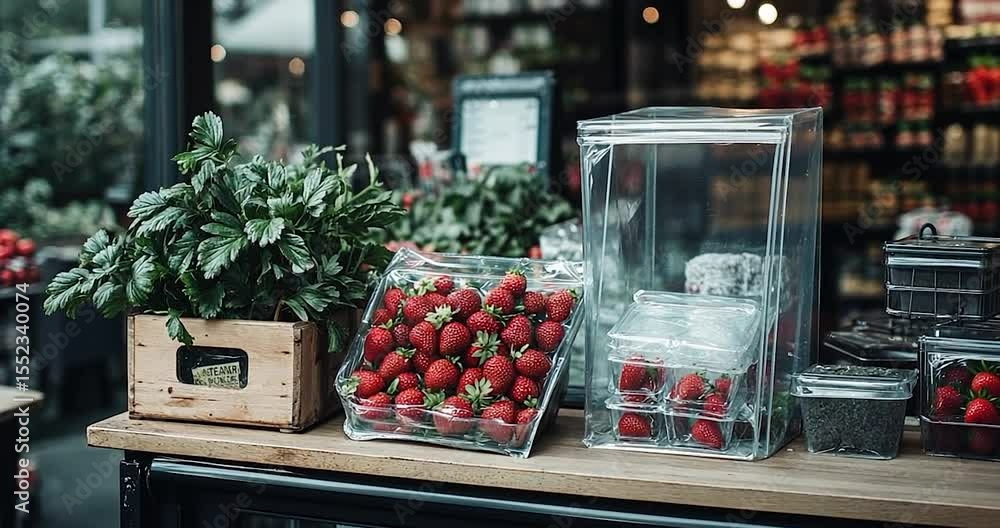Poster video screen showing a display of fresh produce including strawberries and herbs in a store setting.
