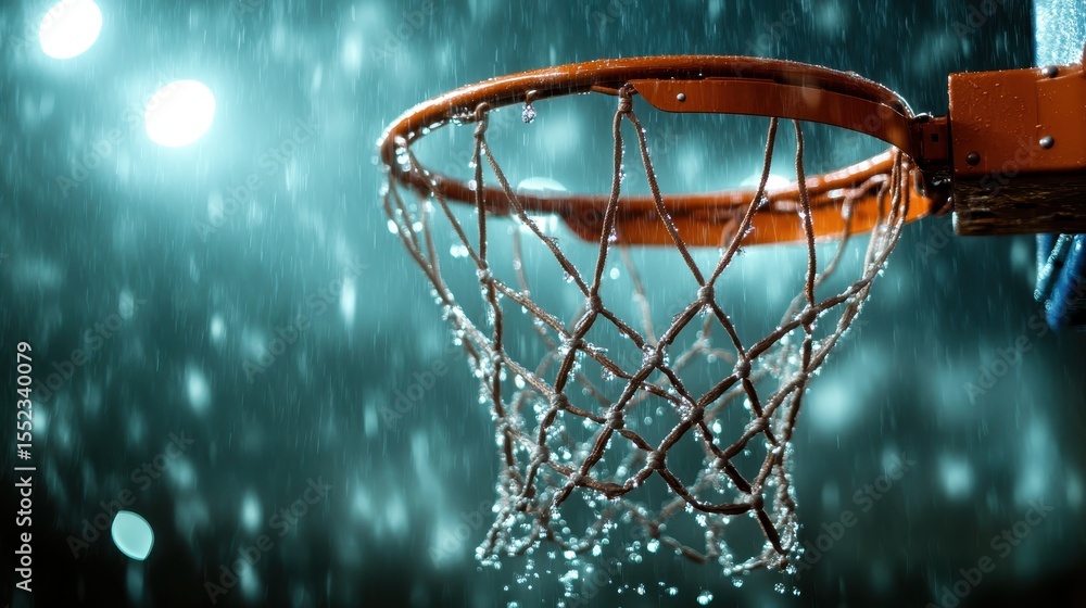 Poster the image illustrates a basketball net drenched in rain, symbolizing resilience and challenge, beaut