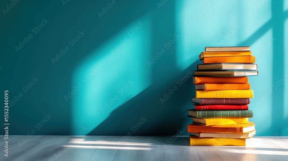 Poster a neatly arranged stack of colorful books on a bright turquoise surface, evoking a sense of knowledg