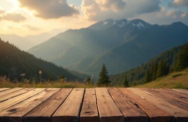 Wooden table with mountain background. Blurry view of hills, sky and clouds at sunset. Nature landscape with copy space for product display or advertising. Scenic view, travel, tourism.
