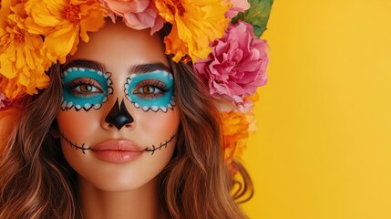 Fototapeta premium A beautiful woman adorned with vibrant floral headwear and intricate sugar skull makeup, celebrating the cultural significance and artistry of the Day of the Dead festival.