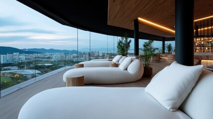 Fototapeta premium This upscale lounge area offers a stunning view, featuring modern furniture and a serene atmosphere that invites relaxation while enjoying the beauty of the surrounding landscape.