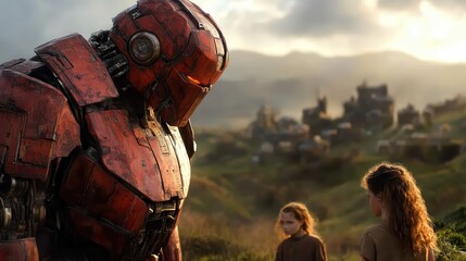 A towering red robot stands protectively over two young girls in a picturesque fantasy landscape, representing themes of adventure, imagination, and safety in a dreamy setting.