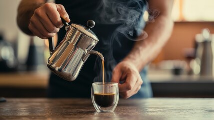 Male adult preparing fresh coffee with a french press in a cozy kitchen setting