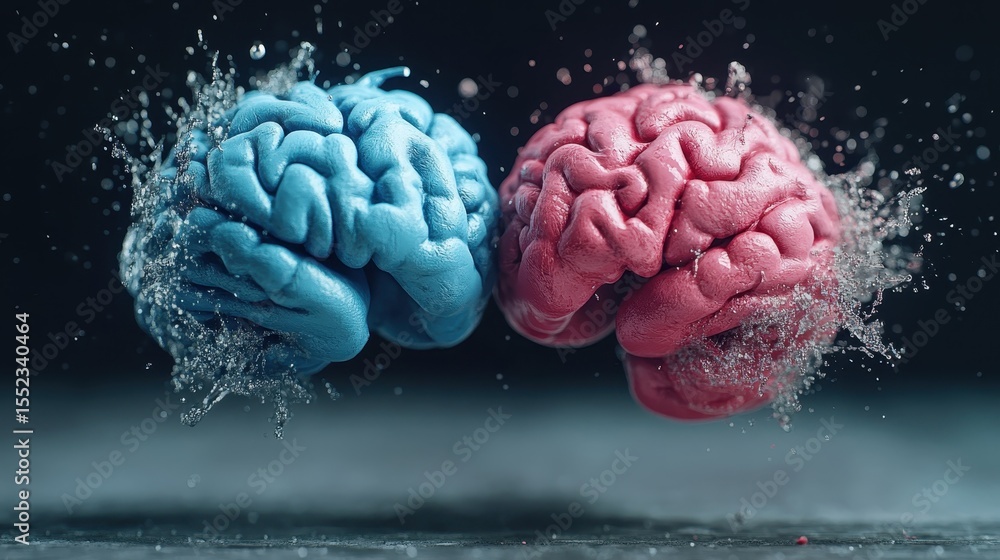 Poster two vibrant brains in blue and pink, splashing in water create a visual metaphor for the dynamics of