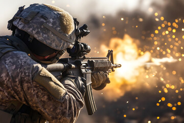 A soldier in full tactical uniform aims his rifle as an explosion lights up the background, battlefield realism. Concept of war preparation and high-intensity shooting combat drills. Copy space