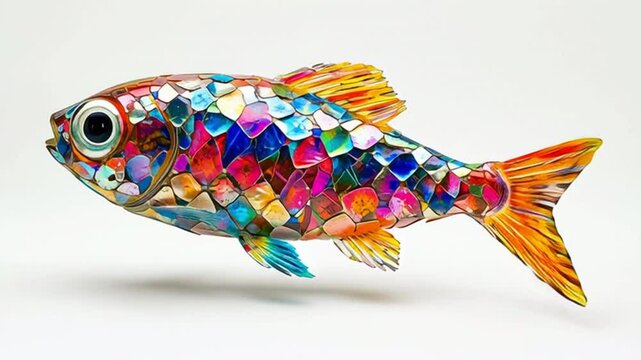 pez de colores echo con trozos de cristal y metal sobre fondo blanco, moviendose como si nadara en una pecera