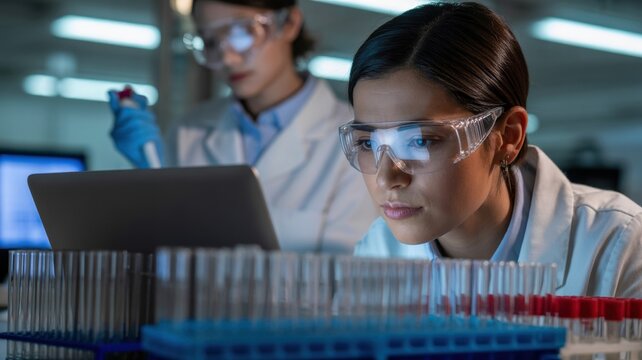 Focused young female scientist in laboratory analyzing samples with caucasian male colleague - Powered by Adobe