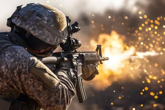 A soldier in full tactical uniform aims his rifle as an explosion lights up the background, battlefield realism. Concept of war preparation and high-intensity shooting combat drills. Copy space