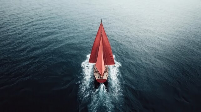 An aerial view of a majestic red-sailed boat gliding smoothly across tranquil water, evoking feelings of adventure, exploration, and the beauty of nature's vastness.
