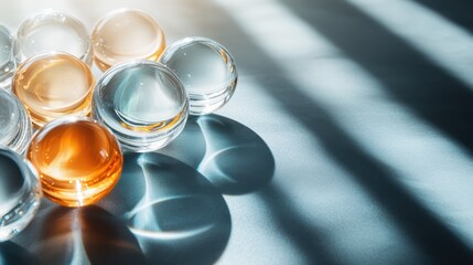 A captivating arrangement of clear and amber glass marbles casting intricate shadows on a surface, exemplifying light interplay and texture at its finest.