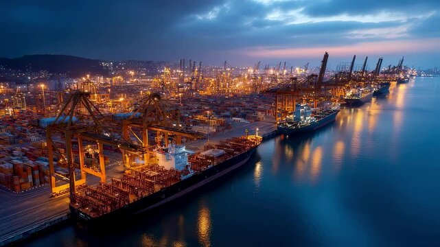 A panoramic shot of the shore terminal bustling with activity featuring multiple LNG carriers docked side by side cargo equipment in motion and cranes operating overhead illuminating
