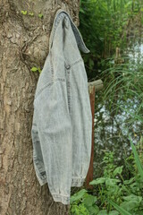one gray cotton jacket hangs on the branches of a tree with green leaves in a summer garden
