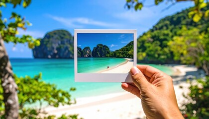 Tourist holding photo of a tropical island aligning with background scene symbolizing travel nostalgia, vacation memories or wanderlust trend