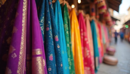 Vibrant collection colorful sarees. Display diverse textile patterns, vivid hues, detailed ornaments. Traditional Indian attire for festive celebrations, fashion, shopping, market. Cultural heritage,