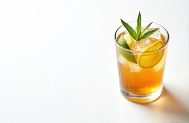 Fototapeta premium Refreshing alcoholic cocktail in glass with ice cubes. Limes lemon slices mint garnish create fresh flavor. Iced drink for party, bar or restaurant. Enjoy leisure.