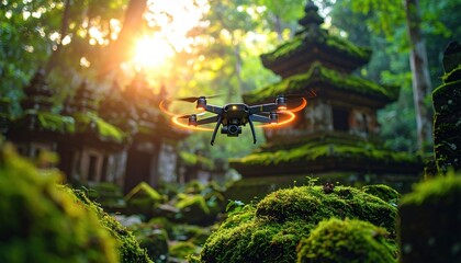 Drone flying through a lush temple ruin in the forest at sunrise representing modern technology meeting ancient culture in exploration and preservation