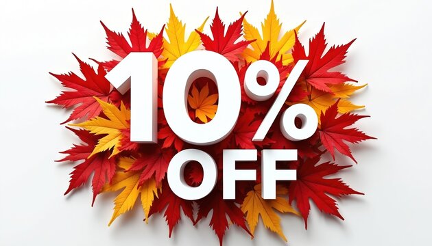 Autumn 10 percent OFF discount sale banner. Red, yellow maple leaves texture. Seasonal promotion offer with white letters on white background. Marketing, advertising, shopping, retail, seasonal