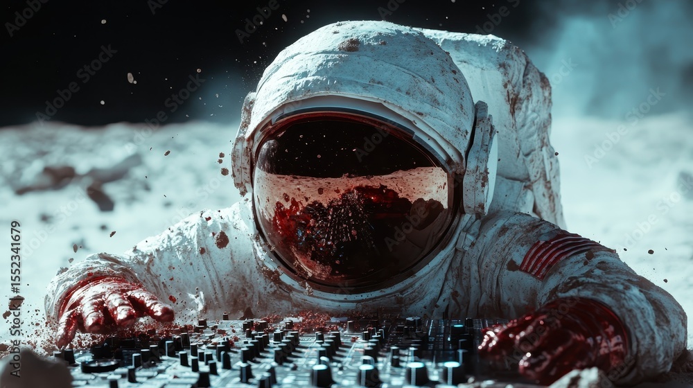Poster an astronaut, embedded in lunar dust, interacts with an unknown linear device, reflecting adventure 