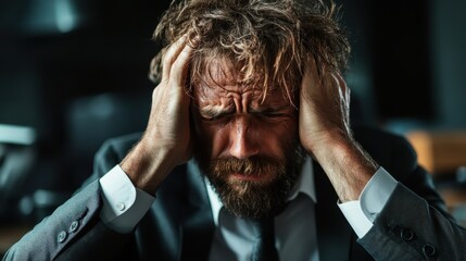 A distressed businessman experiences intense stress while holding his head in despair, conveying the burden of work and the feelings of frustration and anxiety in a corporate setting.