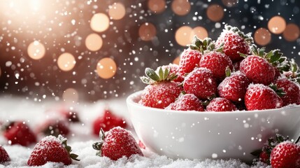A bowl of fresh strawberries dusted with snow creates a festive and whimsical scene, perfectly capturing the charm of winter fruit that symbolizes joy and sweet indulgence.