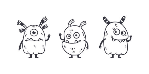 set of cartoon monsters. Cute monsters in doodle style. Kids funny character design for posters, cards, magazins. Line. Vector illustration
