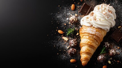 An enticing ice cream cone topped with fluffy whipped cream, chocolate, and nuts, artfully presented with a variety of delicious toppings for ice cream lovers.