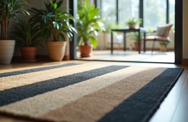 Striped entryway mat in modern office space with indoor plants in pots. Hallway rug, commercial interior design decor. Clean welcome concept, contemporary style.