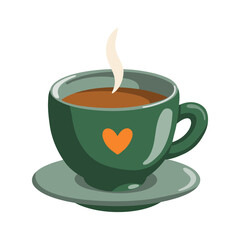 Hot autumn drink in green cup with steam. Tea, coffee, cocoa in mag. Cartoon vector isolated illustration 