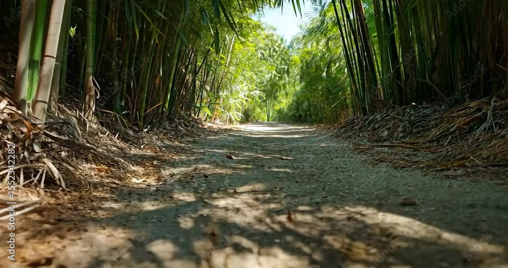 Aufkleber pathway through a bamboo forest with sunlight filtering through the leaves creating shadows on the d