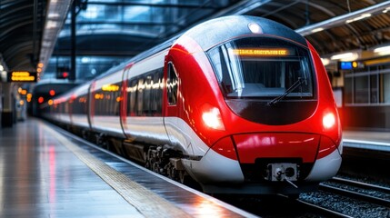 Fototapeta premium A sleek modern train stands ready on a platform, showcasing its striking red and white design, symbolizing efficiency and contemporary travel in urban environments.