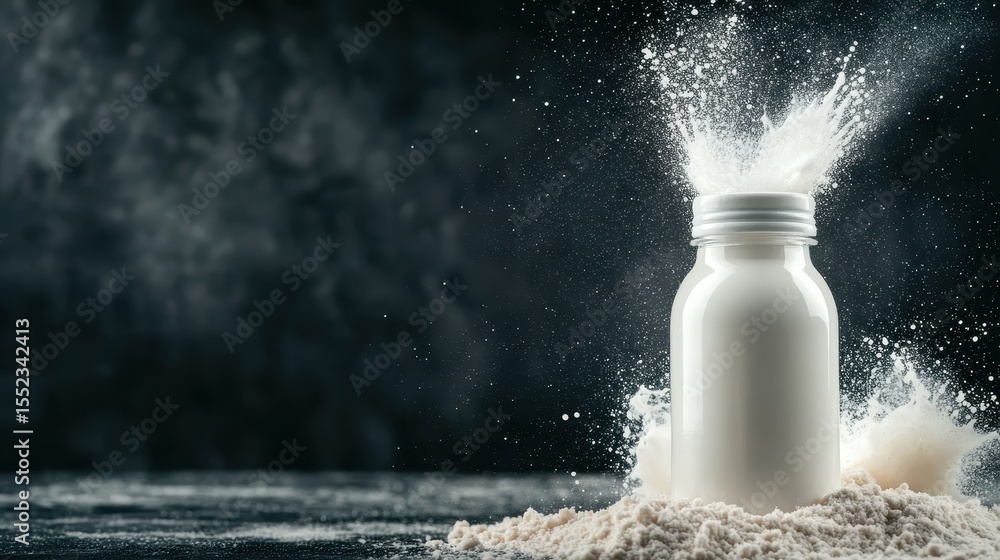 Poster a striking image of a milk bottle surrounded by an explosion of white powder, capturing the dynamic 