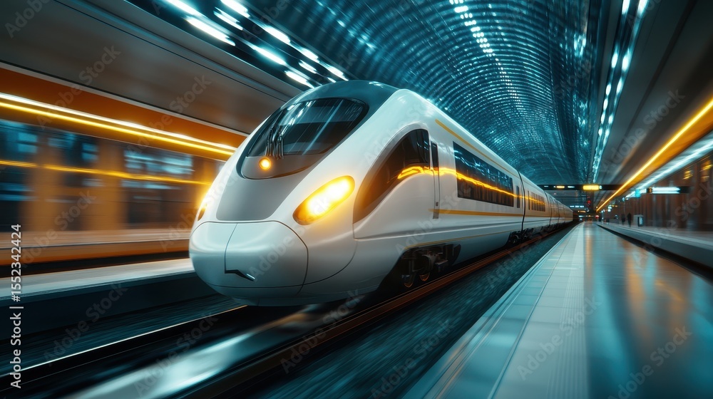 Poster a sleek high-speed train moves swiftly through a bright, modern station environment, showcasing a st
