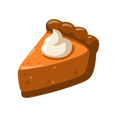 Pumpkin pie slice with whipped cream and brown crust. Autumn vector illustration for cozy fall food designs. Cartoon style